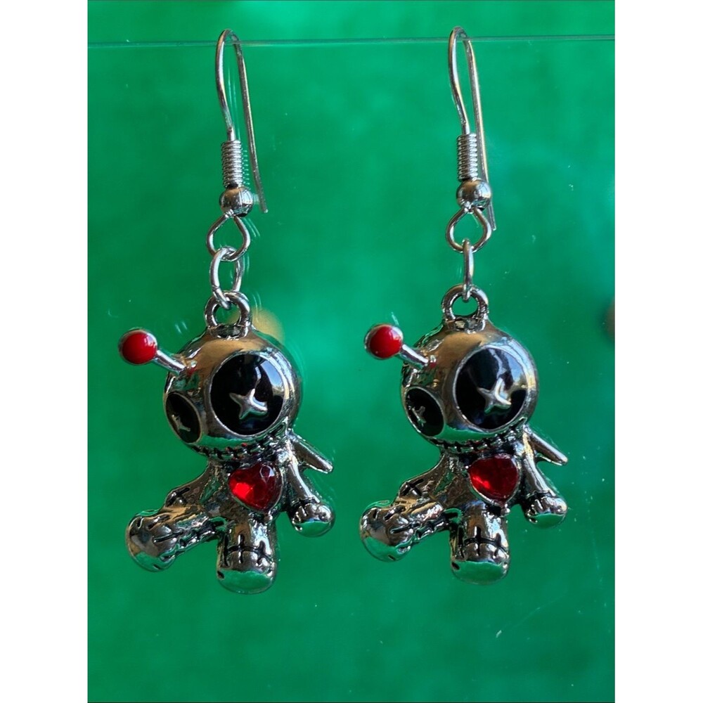 NEW voodoo doll dangle drop earrings in Silvertone with red crystal heart gothic